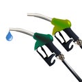 3d vector refueling with a fuel nozzle with oil, gasoline, diesel. Set of refueling nozzles green yellow with a drop