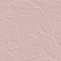 3d vector seamless embossed pattern of ornamental line art leaves and swirls with 3D relief texture on light pink background.