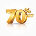 3d vector shiny gold 70 percent off text with reflection isolated on white background Royalty Free Stock Photo