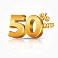 3d vector shiny gold 50 percent off text with reflection isolated on white background Royalty Free Stock Photo