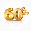 3d vector shiny gold 60 percent off text with reflection isolated on white background Royalty Free Stock Photo