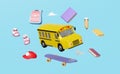 3d vehicle for transport student float isolated on blue background.  yellow school bus cartoon sign icon, accessories with Royalty Free Stock Photo