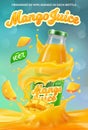 3D Vertical banner with 3D realistic advertising of mango juice, a bottle with mango juice among the splashes and a logo