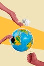 3d vertical pop photo collage of hand hold lighter fire burn heat earth planet environmental pollution problem save Royalty Free Stock Photo