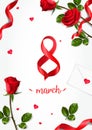 3D Vertical vector greeting cards with realistic roses to 8 march, can be used as invitation card for wedding, birthday