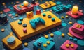 3D vibrant, abstract game controller with buttons and joysticks, surrounded by colorful array geometric Royalty Free Stock Photo