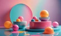 3D vibrant, abstract sculpture features circular base, spheres in various colors, and large circular shape, Royalty Free Stock Photo