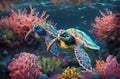 3D vibrant colors illustration of couple turtles in stunning deep sea, AI generated Royalty Free Stock Photo