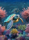 3D vibrant colors illustration of sea turtles in gorgeous sea plants in deep sea, AI generated Royalty Free Stock Photo