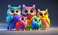 3D vibrant realistic Chibi night owls standing in next to each other, each owl has feathers wit and big bright eyes, AI geneated