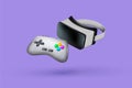 3D video game. VR icons. Metaverse elements. Gamers wireless joystick render. Virtual simulator glasses. Gaming