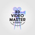 3D Video Master logo. Video production studio emblem. Glitch of Symbol of camera with letters.