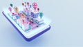 3D view of cityscape connected with different location service app on smartphone screen for Smart City. Royalty Free Stock Photo