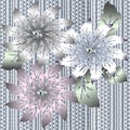 3d vintage floral seamless pattern. Ornate textured patterned white background. Beautiful 3d flowers with diamonds, scroll leaves