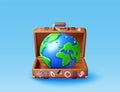 3d vintage suitcase with blue globe inside