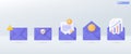 3d Violet mail envelope icon set symbol. Render email exclamation mark, Graph, Shield, gold coin,crypto currency icon. Investment