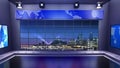 3d virtual news studio. Announcer Table with night city background and floodlights