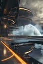 A 3D virtual newsfeed screen displaying interstellar exploration updates with a clear zone for editorial content