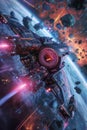 A 3D virtual newsfeed screen displaying interstellar exploration updates with a clear zone for editorial content