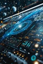 A 3D virtual newsfeed screen displaying interstellar exploration updates with a clear zone for editorial content