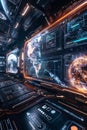 A 3D virtual newsfeed screen displaying interstellar exploration updates with a clear zone for editorial content