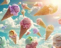 3D visual of vibrant ice cream cones floating in a summer sky sun rays highlighting the creamy textures whimsical Royalty Free Stock Photo