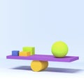 3D visualization of the balance of geometric shapes. Balance on the board. Abstract blue background