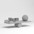 3D visualization of the balance of geometric shapes. Abstract white background. Modern design.