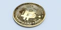 3D visualization cryprocurrency bitcoin in gold surfaceon blue desk