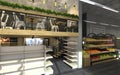 3d visualization of food store with a cafe inside. Public interior in the loft style