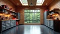 3D visualization of functional garage featuring custom shelving, efficient tool storage. Smooth epoxy floor reflects light. Large Royalty Free Stock Photo