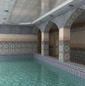 3D visualization of the interior space with a swimming pool in a mosaic