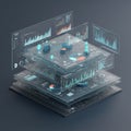 A 3D visualization of layered digital dashboards with various charts and graphs. Each Royalty Free Stock Photo