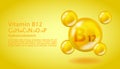 3D Vitamin molecule B12 Cyanocobalamin design. Realistic B12 Cyanocobalamin Vitamin drop. Yellow nutrition complex