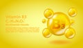 3D Vitamin molecule B3 Niacin design. Realistic B3 Niacin Vitamin drop. Yellow nutrition complex illustration.