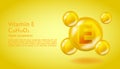 3D Vitamin molecule E Tocotrienol design. Realistic E Tocotrienol Vitamin drop. Yellow nutrition complex illustration.