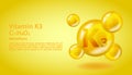 3D Vitamin molecule K3 Menadione design. Realistic K3 Menadione Vitamin drop. Yellow nutrition complex illustration.