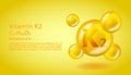 3D Vitamin molecule K2 Menaquinone design. Realistic K2 Menaquinone Vitamin drop. Yellow nutrition complex illustration.