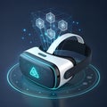 3D VR Headset Icon White Device with Glowing Blue Lights and Holographic Network Royalty Free Stock Photo
