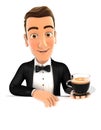 3d waiter behind empty wall and holding a cup of coffee