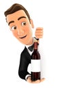 3d waiter behind left wall and holding red wine bottle