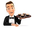 3d waiter holding four cups of coffee
