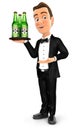 3d waiter standing with beer bottles