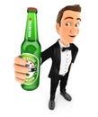 3d waiter standing and holding beer bottle