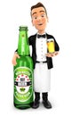 3d waiter standing next to beer bottle