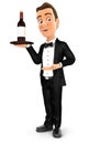 3d waiter standing with red wine bottle