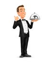 3d waiter standing with restaurant cloche and thumb up