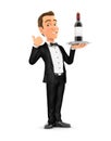 3d waiter standing with wine bottle and thumb up