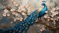 3d wall art decor of blue peacock with textured spring flowers Royalty Free Stock Photo