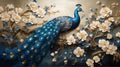 3d wall art decor of blue peacock with textured spring flowers